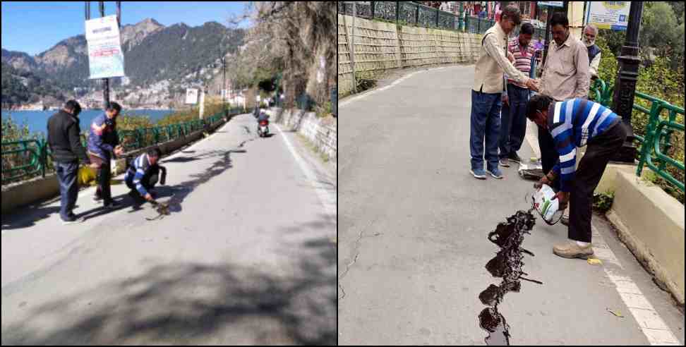 nainital sinking: cracks on mall road of nainital