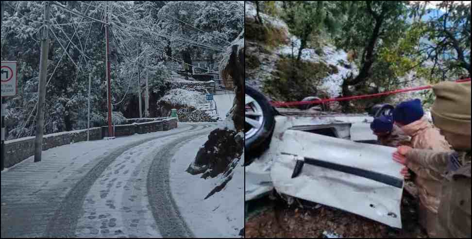 mussoorie snow car skid dit students: Dehradun DIT students car skids in Mussoorie snow