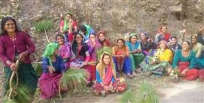 image: women of Chamoli Theli village are extinguishing the forest fire