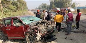 image: Car hit parked truck late at night in Haldwani