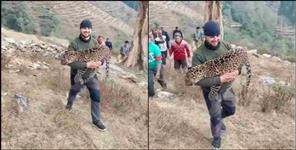 image: viral video of boy holding leopard in lap in chamoli